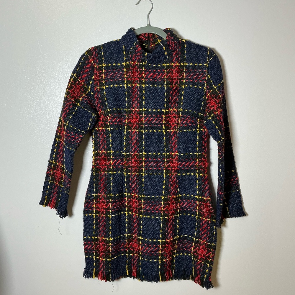 Plaid Knit Dress with Frayed Hem